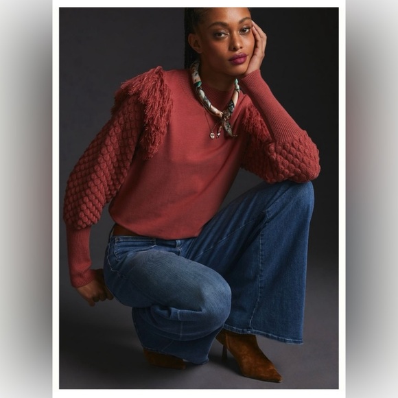 Anthropologie Womens DOLAN Fringed Sweater Bubble Quilted Sleeve Size Small - Picture 5 of 11